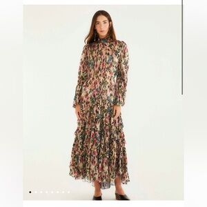 Farm Rio Pink Blurred Tiny Flowers Long Sleeve Maxi Dress